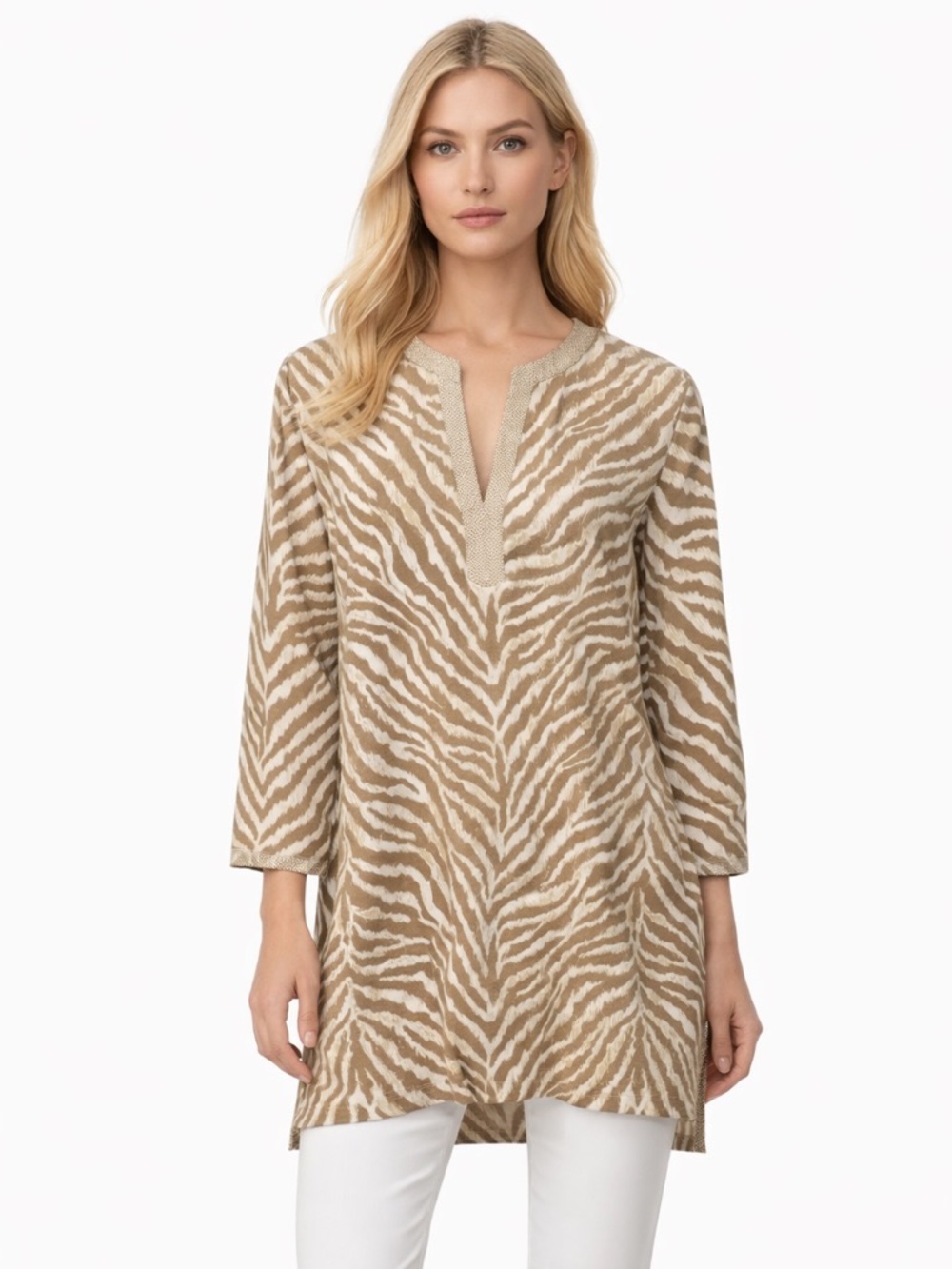 J. McLaughlin Womens Tan White Zebra Print Boca Tunic, Size XS